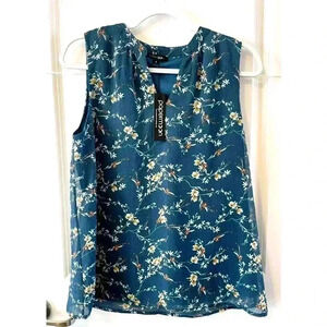 NWT Papermoon Blouse Teal Floral Print Size S Sleeveless V-Neck Top sheer lined